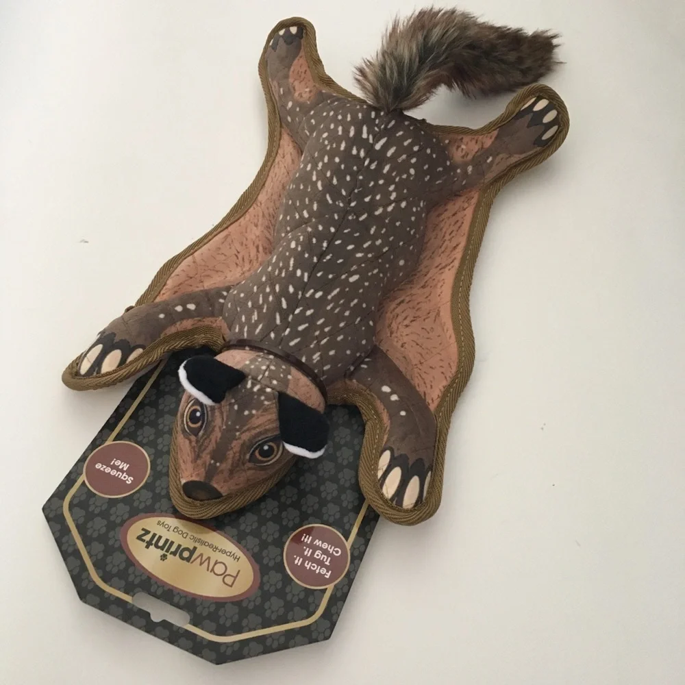 Dog Toy Pawprintz Squirrel Squeaker Faux Fur Tail Fetch Tug Realistic Design